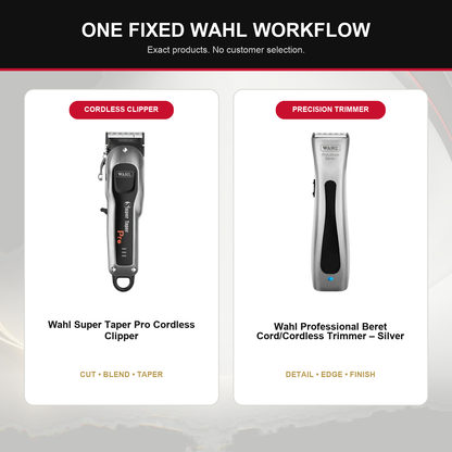 Wahl Super Taper Pro + Silver Beret Duo feature overview showing Wahl Super Taper Pro Cordless Clipper and Wahl Professional Beret Cord/Cordless Trimmer – Silver
