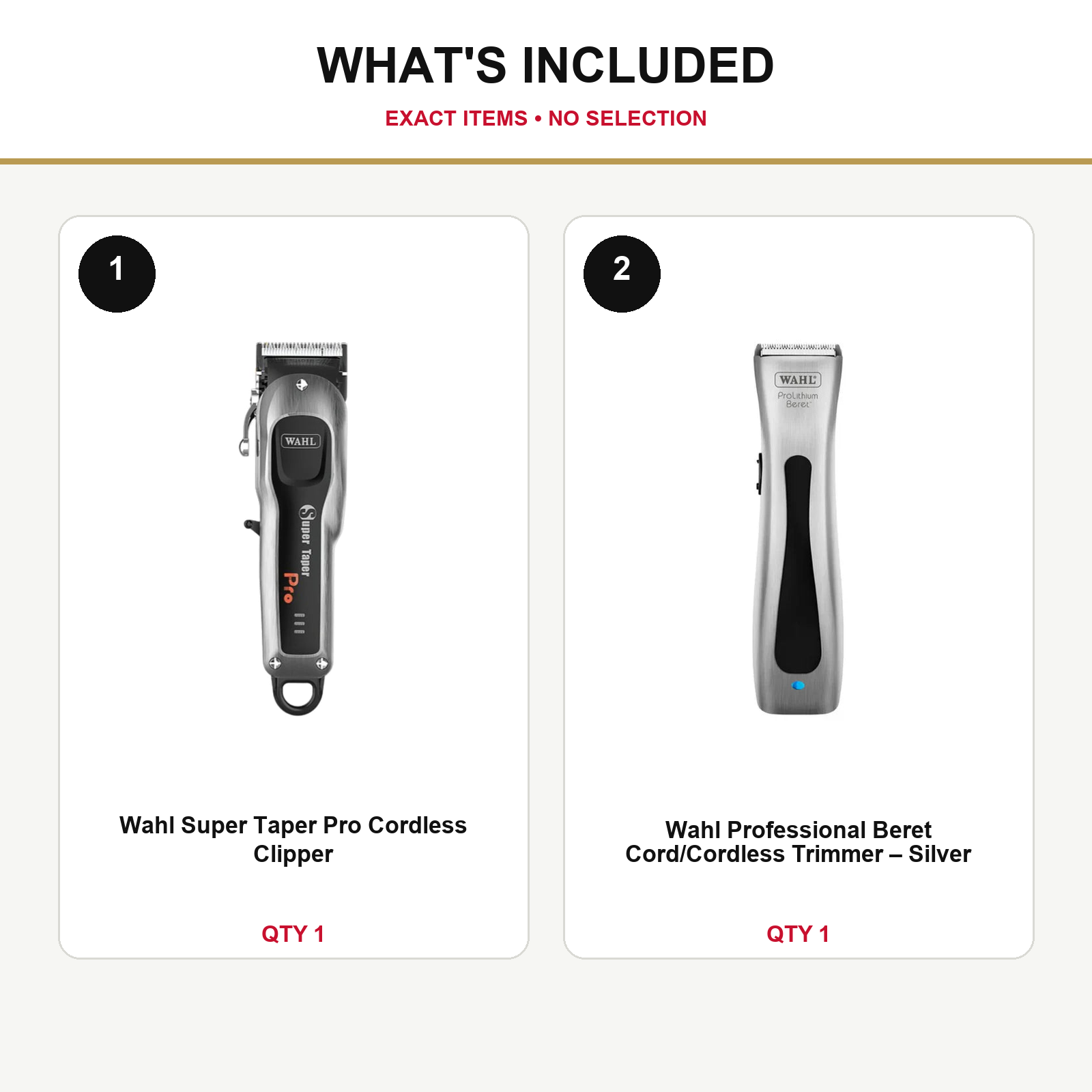 Wahl Super Taper Pro + Silver Beret Duo what’s included: one Wahl Super Taper Pro Cordless Clipper, one Wahl Professional Beret Cord/Cordless Trimmer – Silver
