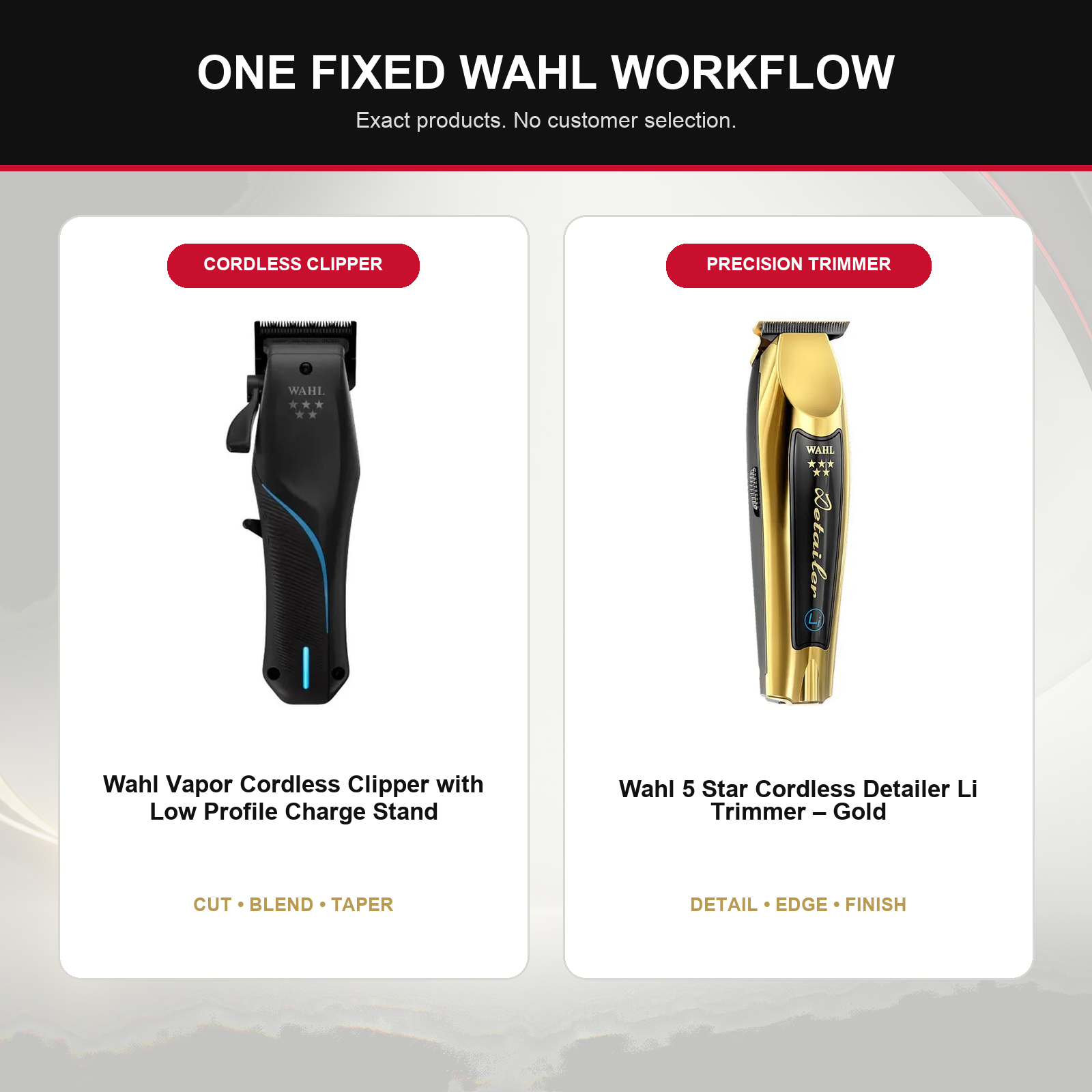 Wahl Vapor Cordless + Gold Detailer Duo feature overview showing Wahl Vapor Cordless Clipper with Low Profile Charge Stand and Wahl 5 Star Cordless Detailer Li Trimmer – Gold