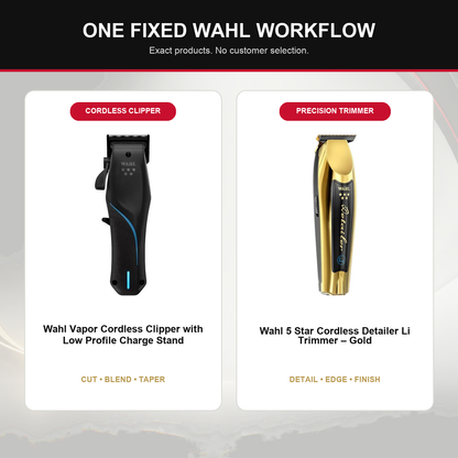 Wahl Vapor Cordless + Gold Detailer Duo feature overview showing Wahl Vapor Cordless Clipper with Low Profile Charge Stand and Wahl 5 Star Cordless Detailer Li Trimmer – Gold