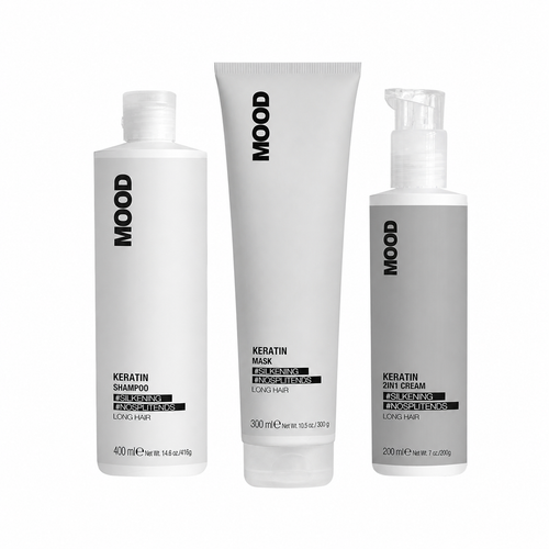 MOOD Keratin Complete Smoothing Trio complete bundle on white background