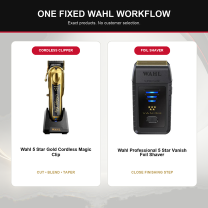 Wahl Gold Magic Clip + Vanish Shaver Duo feature overview showing Wahl 5 Star Gold Cordless Magic Clip and Wahl Professional 5 Star Vanish Foil Shaver