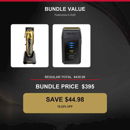 Wahl Gold Magic Clip + Vanish Shaver Duo value graphic showing $44.98 AUD savings