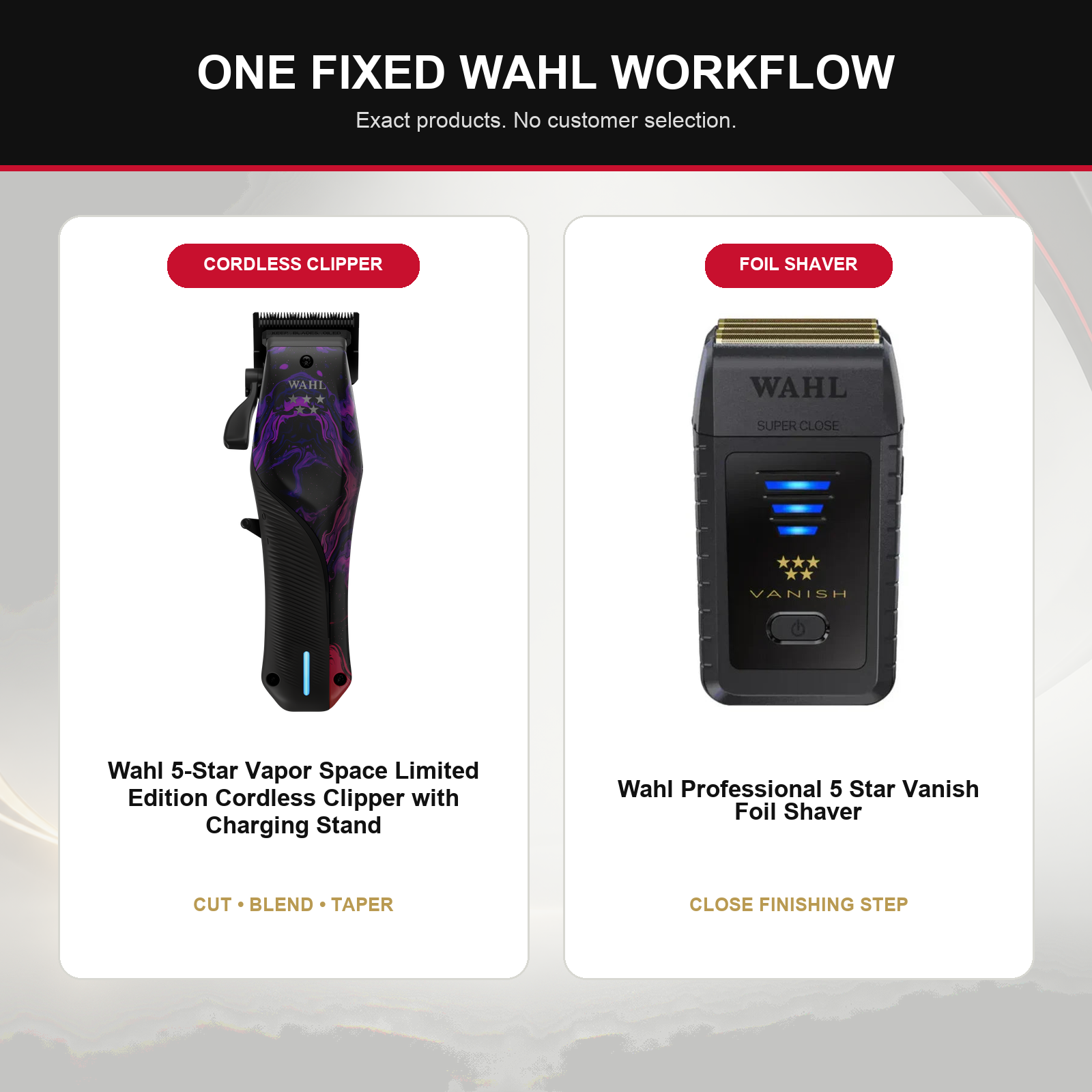 Wahl Vapor Space + Vanish Shaver Duo feature overview showing Wahl 5-Star Vapor Space Limited Edition Cordless Clipper with Charging Stand and Wahl Professional 5 Star Vanish Foil Shaver