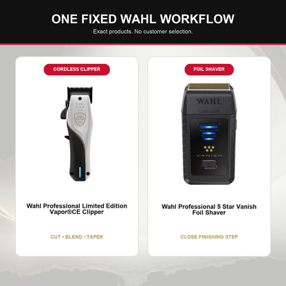 Wahl Vapor CE + Vanish Shaver Duo feature overview showing Wahl Professional Limited Edition Vapor®CE Clipper and Wahl Professional 5 Star Vanish Foil Shaver