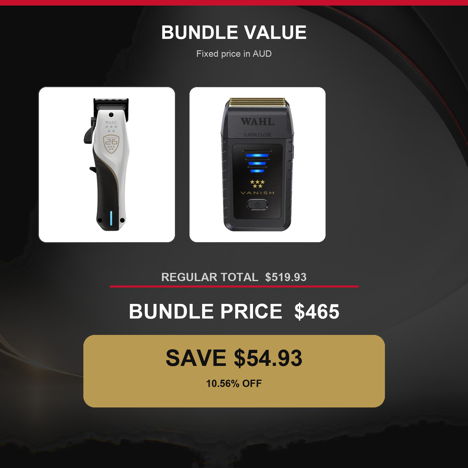 Wahl Vapor CE + Vanish Shaver Duo value graphic showing $54.93 AUD savings