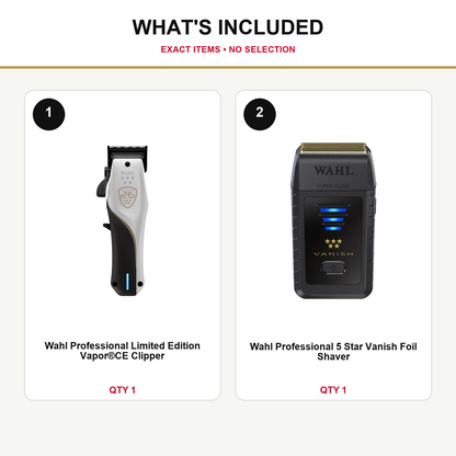 Wahl Vapor CE + Vanish Shaver Duo what’s included: one Wahl Professional Limited Edition Vapor®CE Clipper, one Wahl Professional 5 Star Vanish Foil Shaver