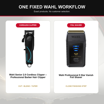 Wahl Senior 2.0 + Vanish Shaver Duo feature overview showing Wahl Senior 2.0 Cordless Clipper – Professional Barber Hair Clipper and Wahl Professional 5 Star Vanish Foil Shaver