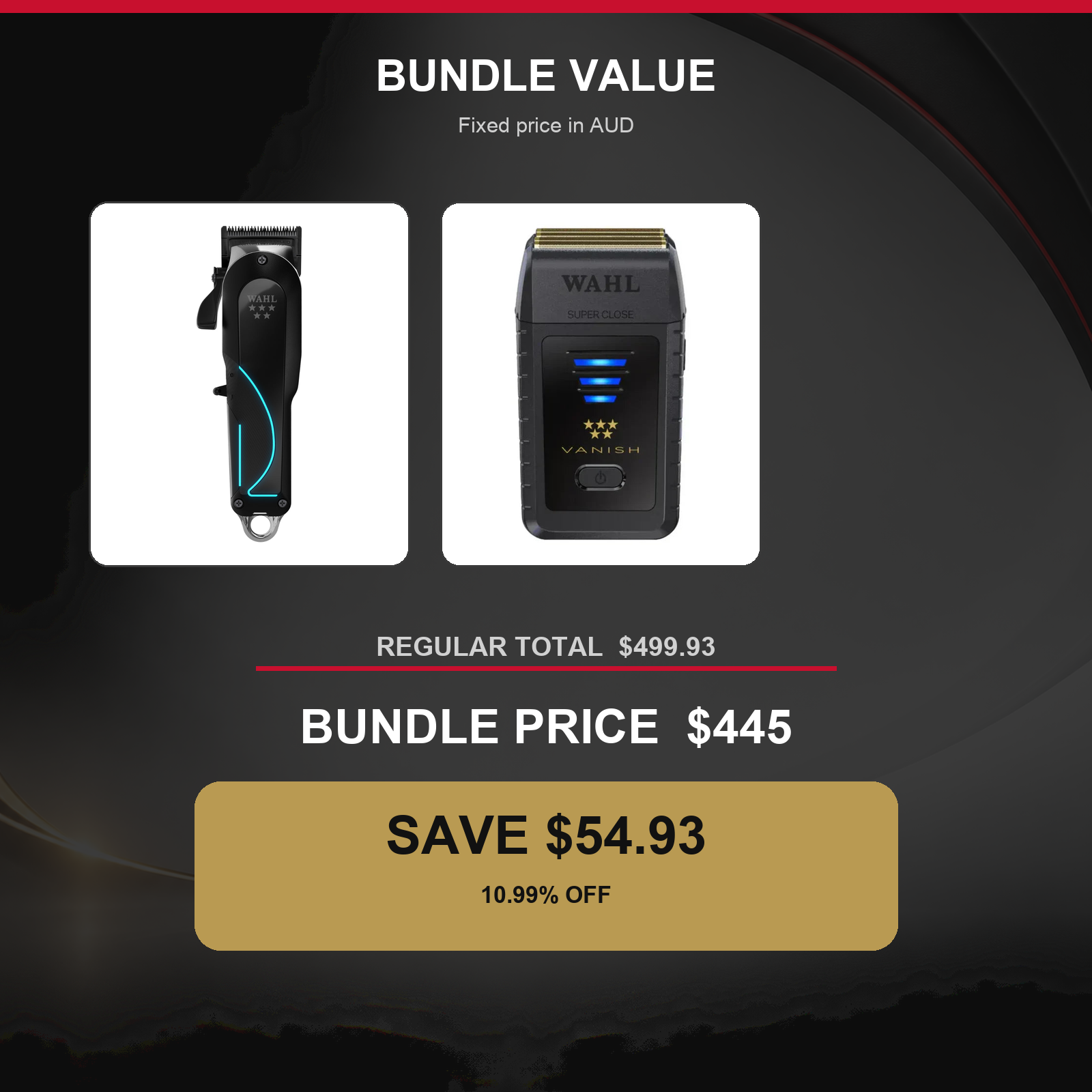Wahl Senior 2.0 + Vanish Shaver Duo value graphic showing $54.93 AUD savings