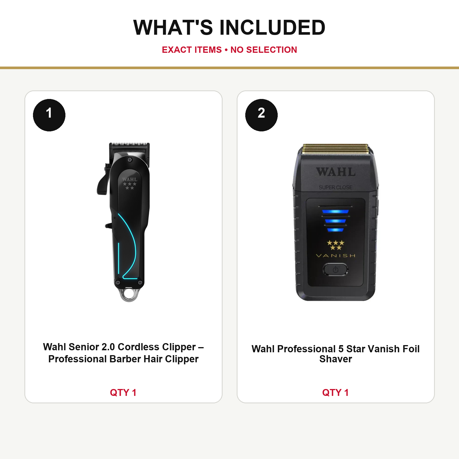 Wahl Senior 2.0 + Vanish Shaver Duo what’s included: one Wahl Senior 2.0 Cordless Clipper – Professional Barber Hair Clipper, one Wahl Professional 5 Star Vanish Foil Shaver