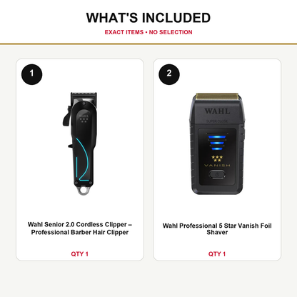 Wahl Senior 2.0 + Vanish Shaver Duo what’s included: one Wahl Senior 2.0 Cordless Clipper – Professional Barber Hair Clipper, one Wahl Professional 5 Star Vanish Foil Shaver