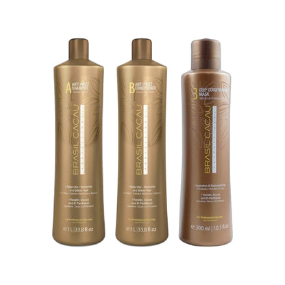 Brasil Cacau Anti Frizz Shampoo 1000ml, Keratin Anti Frizz Conditioner 1000ml & Deep Conditioning Mask – Step 3 1000ml Trio