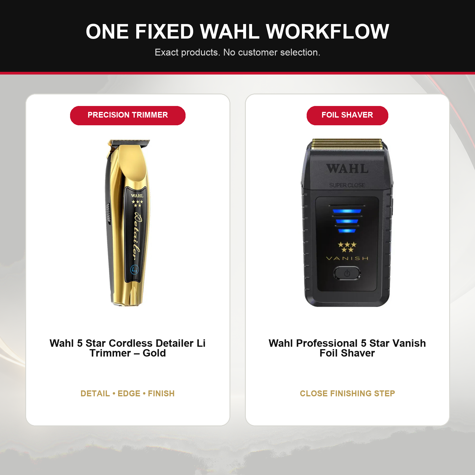 Wahl Gold Detailer + Vanish Shaver Duo feature overview showing Wahl 5 Star Cordless Detailer Li Trimmer – Gold and Wahl Professional 5 Star Vanish Foil Shaver