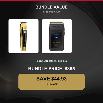 Wahl Gold Detailer + Vanish Shaver Duo value graphic showing $44.93 AUD savings