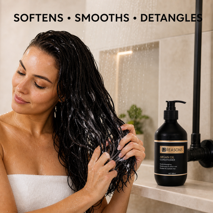 Woman applying 12 Reasons Argan Oil Conditioner - softens smooths and detangles
