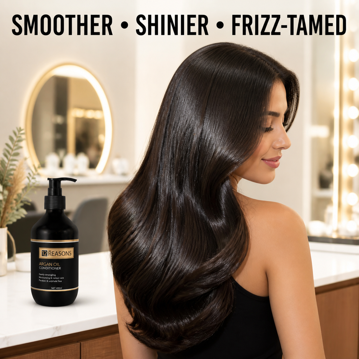 Smooth shiny frizz-tamed hair with 12 Reasons Argan Oil Conditioner