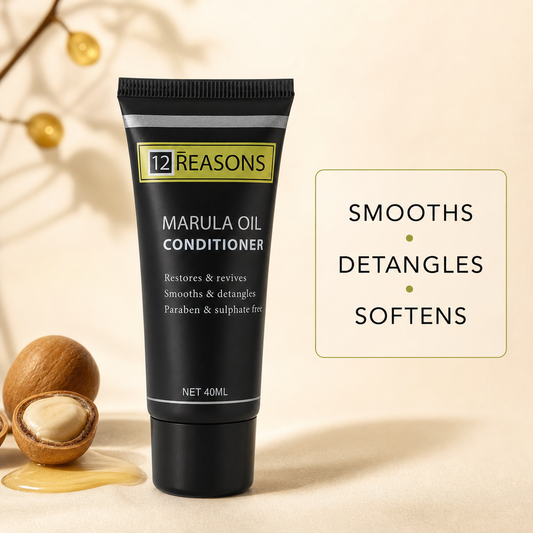 12 Reasons Marula Oil Conditioner 40ml with smooths detangles and softens benefit text