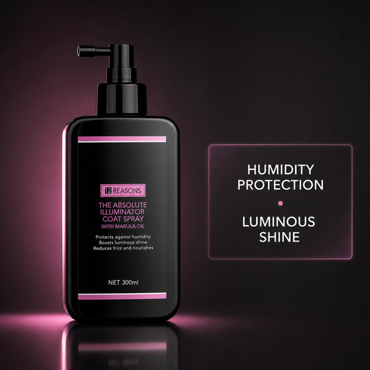 12 Reasons Illuminator Coat Spray 300ml with humidity protection and luminous shine benefit text