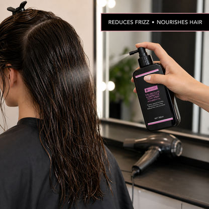 12 Reasons Illuminator Coat Spray applied to clean damp hair before heat activation with frizz and nourishment benefit text