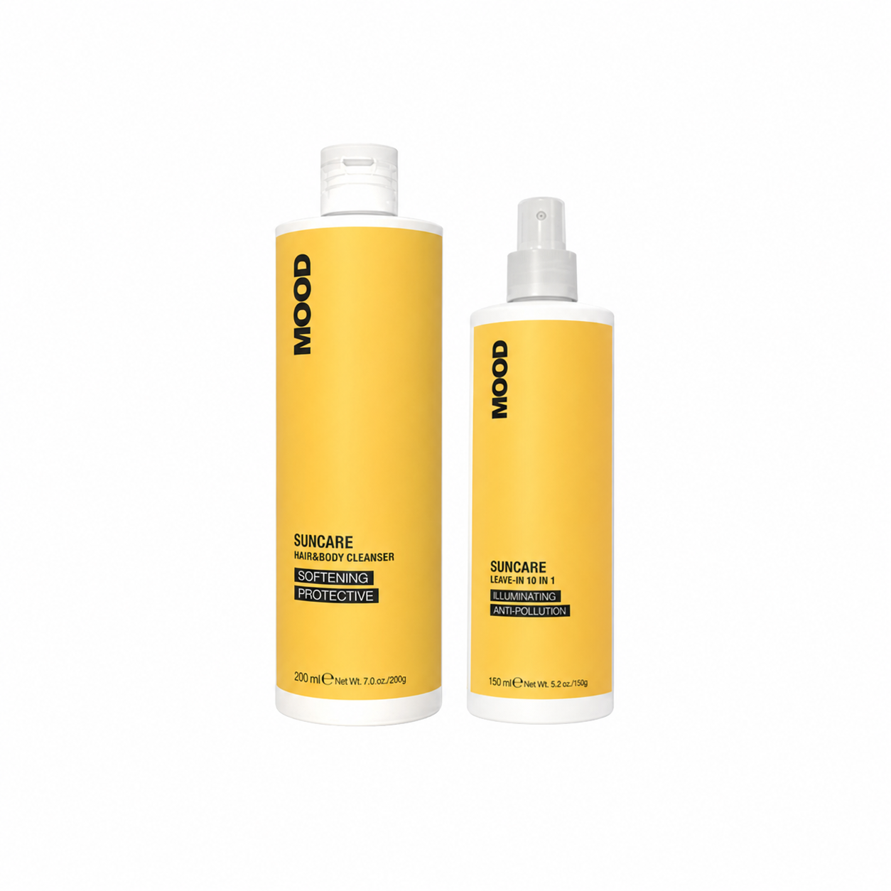 MOOD Suncare Cleanse & Leave-In Duo complete bundle on white background