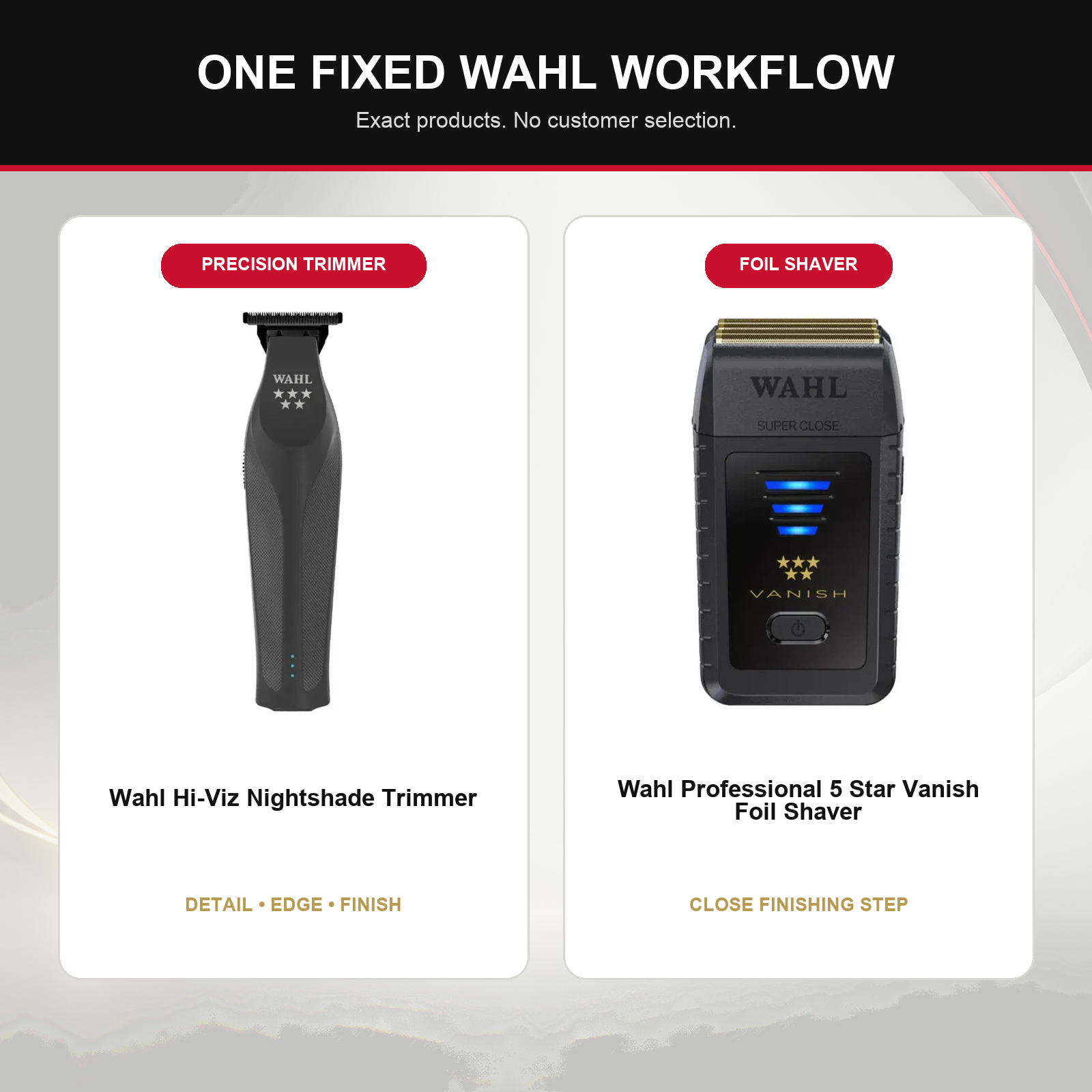 Wahl Hi-Viz Nightshade + Vanish Shaver Duo feature overview showing Wahl Hi-Viz Nightshade Trimmer and Wahl Professional 5 Star Vanish Foil Shaver