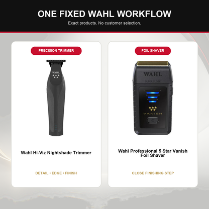 Wahl Hi-Viz Nightshade + Vanish Shaver Duo feature overview showing Wahl Hi-Viz Nightshade Trimmer and Wahl Professional 5 Star Vanish Foil Shaver