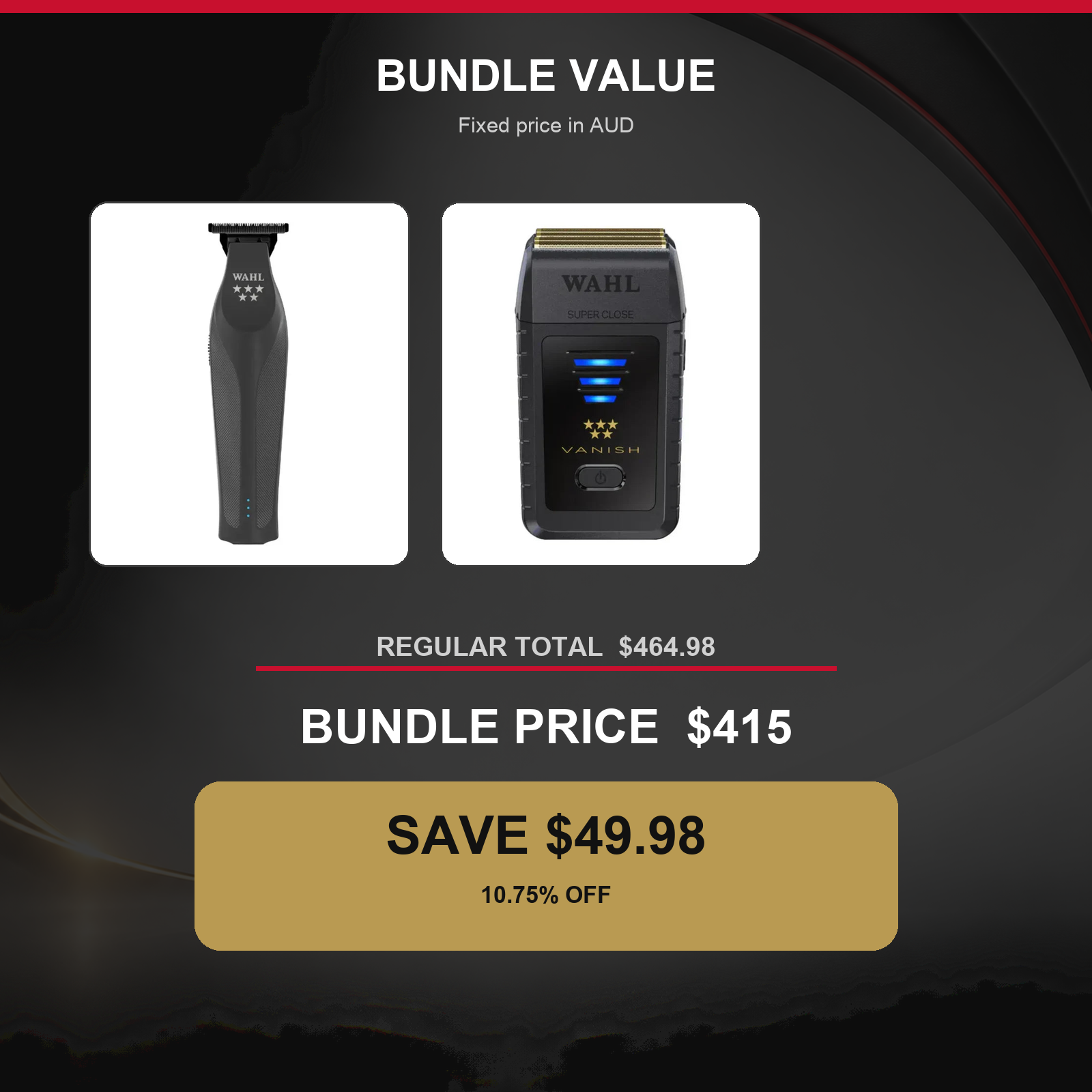 Wahl Hi-Viz Nightshade + Vanish Shaver Duo value graphic showing $49.98 AUD savings