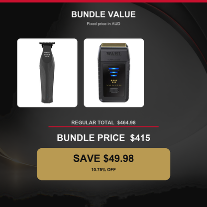 Wahl Hi-Viz Nightshade + Vanish Shaver Duo value graphic showing $49.98 AUD savings