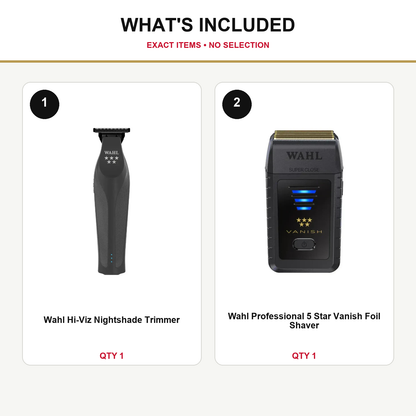 Wahl Hi-Viz Nightshade + Vanish Shaver Duo what’s included: one Wahl Hi-Viz Nightshade Trimmer, one Wahl Professional 5 Star Vanish Foil Shaver