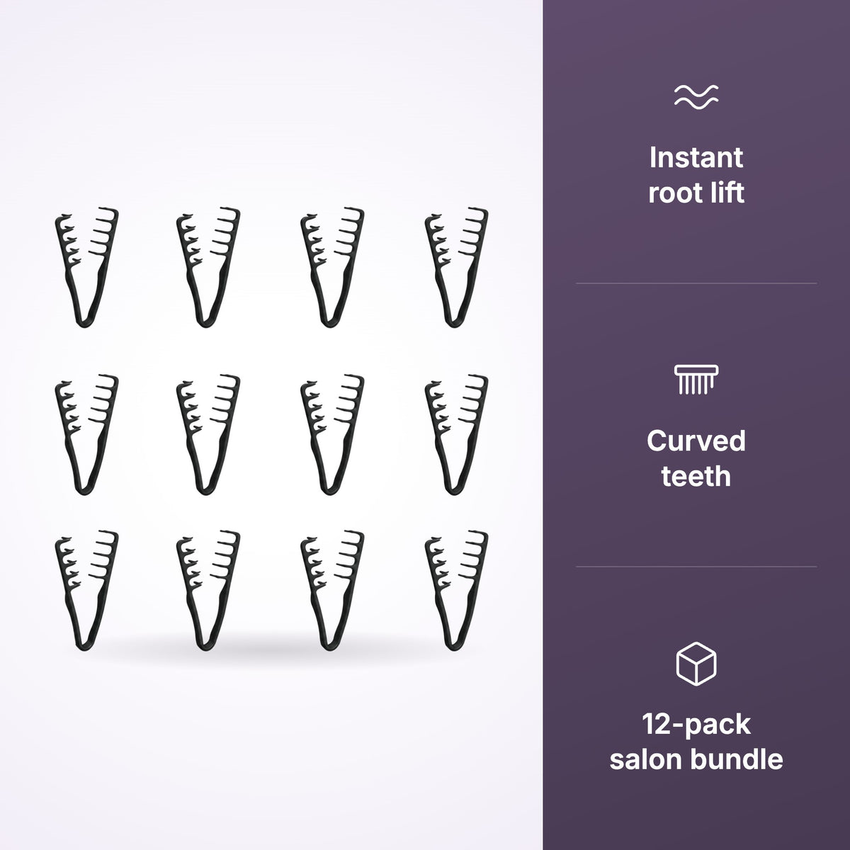 Black texture combs 12-pack with panel: instant root lift, curved teeth, 12-pack salon bundle