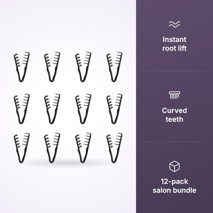 Black texture combs 12-pack with panel: instant root lift, curved teeth, 12-pack salon bundle