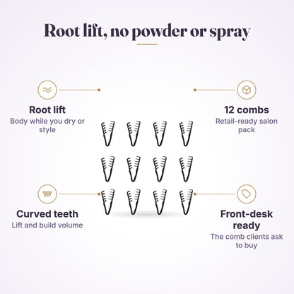 Black texture combs infographic: root lift, curved teeth, 12 combs, front-desk ready