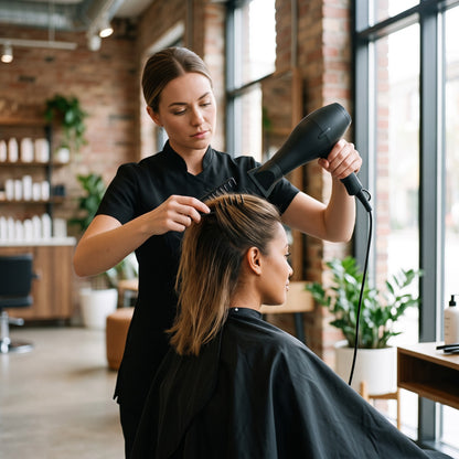 Stylist blow-drying a client's hair with a texture comb at the roots in a salon