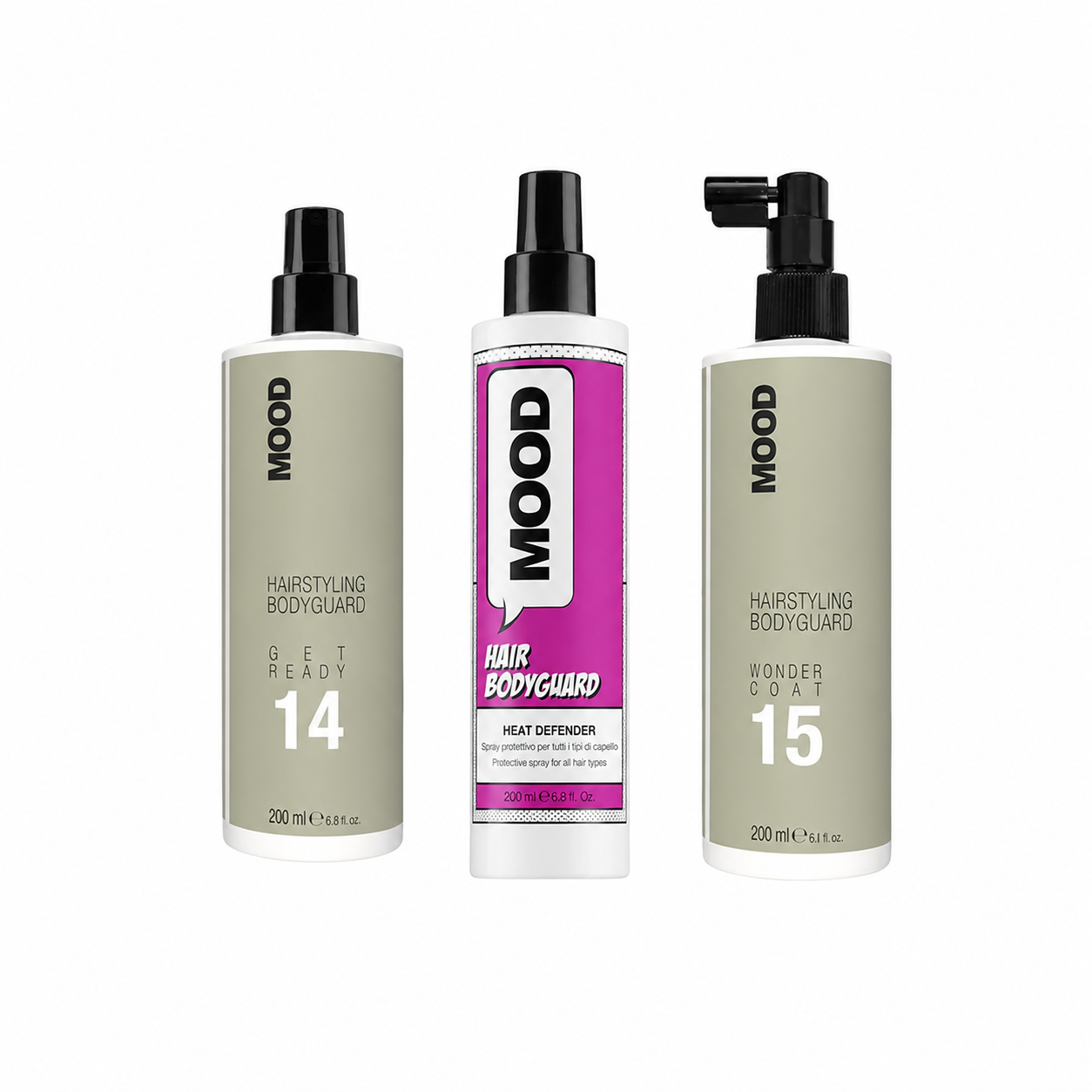 MOOD Heat Protection & Shine Trio complete bundle on white background