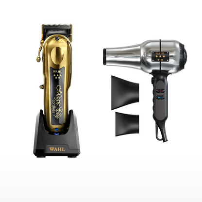 Wahl Gold Magic Clip + 5 Star Barber Dryer Duo exact products on a clean white background