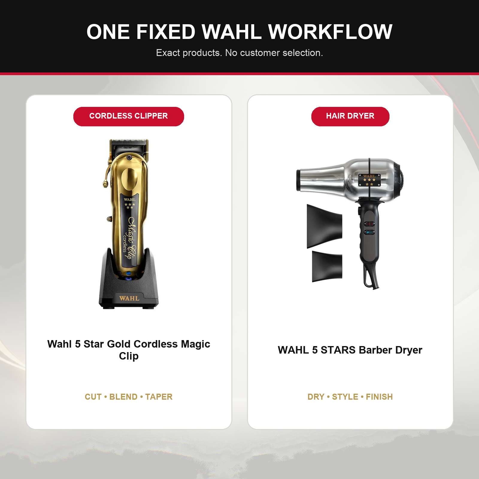 Wahl Gold Magic Clip + 5 Star Barber Dryer Duo feature overview showing Wahl 5 Star Gold Cordless Magic Clip and WAHL 5 STARS Barber Dryer