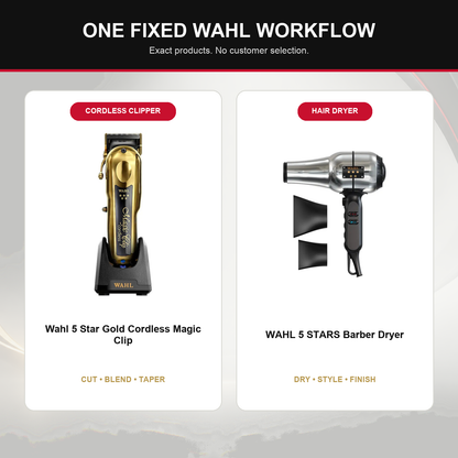 Wahl Gold Magic Clip + 5 Star Barber Dryer Duo feature overview showing Wahl 5 Star Gold Cordless Magic Clip and WAHL 5 STARS Barber Dryer