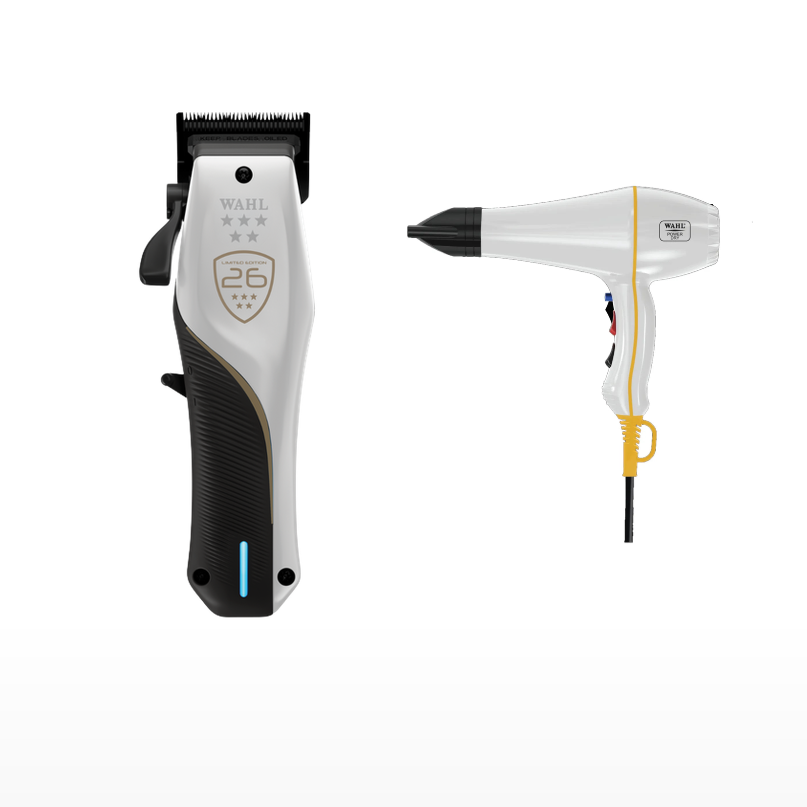 Wahl Vapor CE + Power Dry White Duo exact products on a clean white background