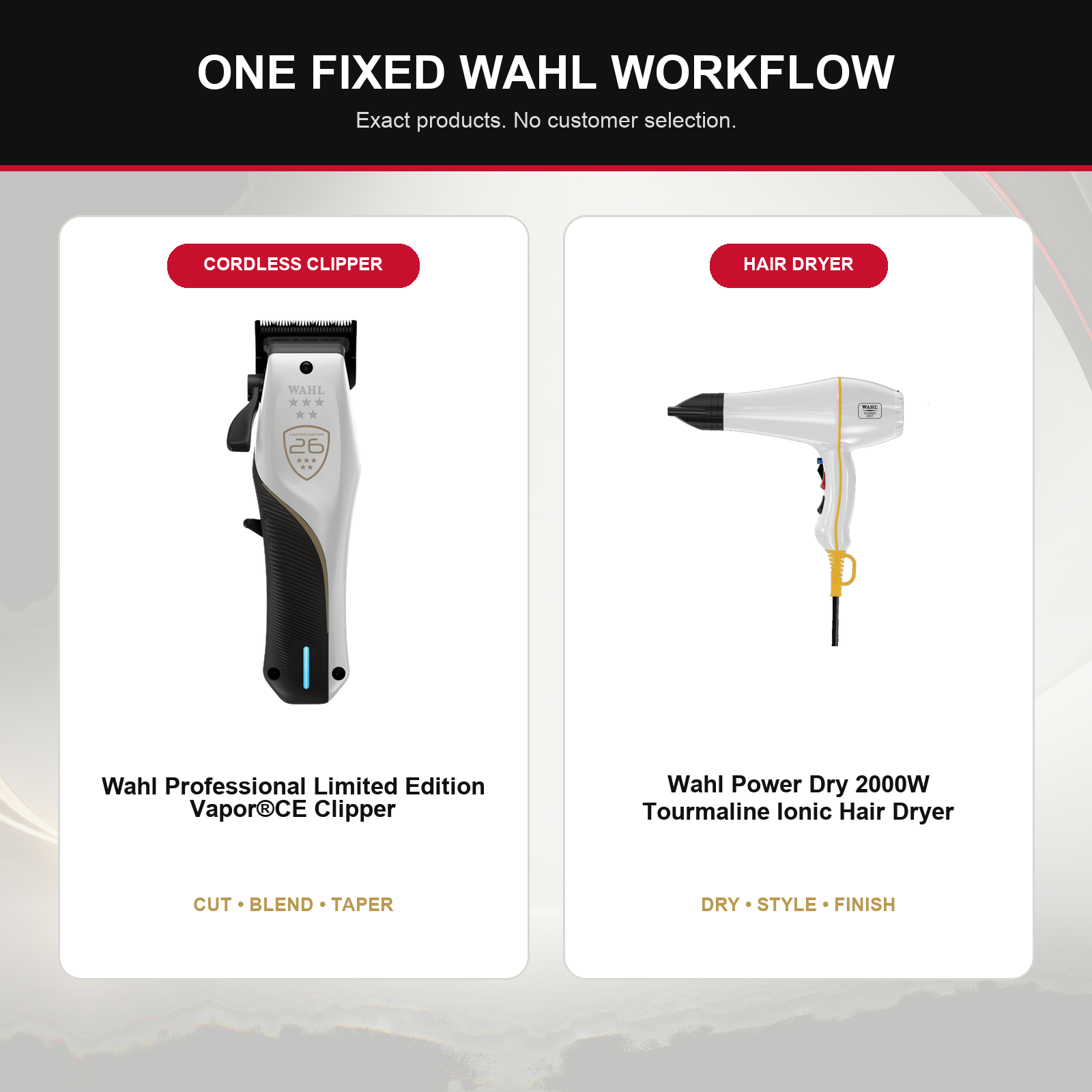 Wahl Vapor CE + Power Dry White Duo feature overview showing Wahl Professional Limited Edition Vapor®CE Clipper and Wahl Power Dry 2000W Tourmaline Ionic Hair Dryer — White