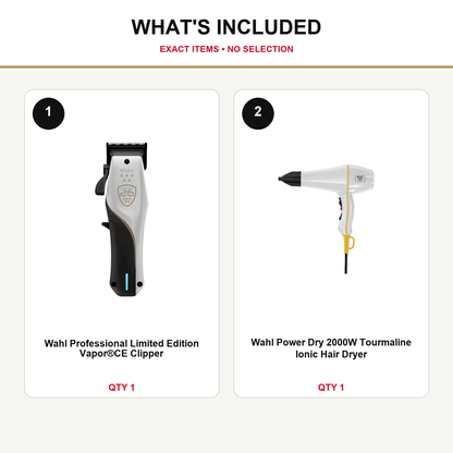 Wahl Vapor CE + Power Dry White Duo what’s included: one Wahl Professional Limited Edition Vapor®CE Clipper, one Wahl Power Dry 2000W Tourmaline Ionic Hair Dryer — White