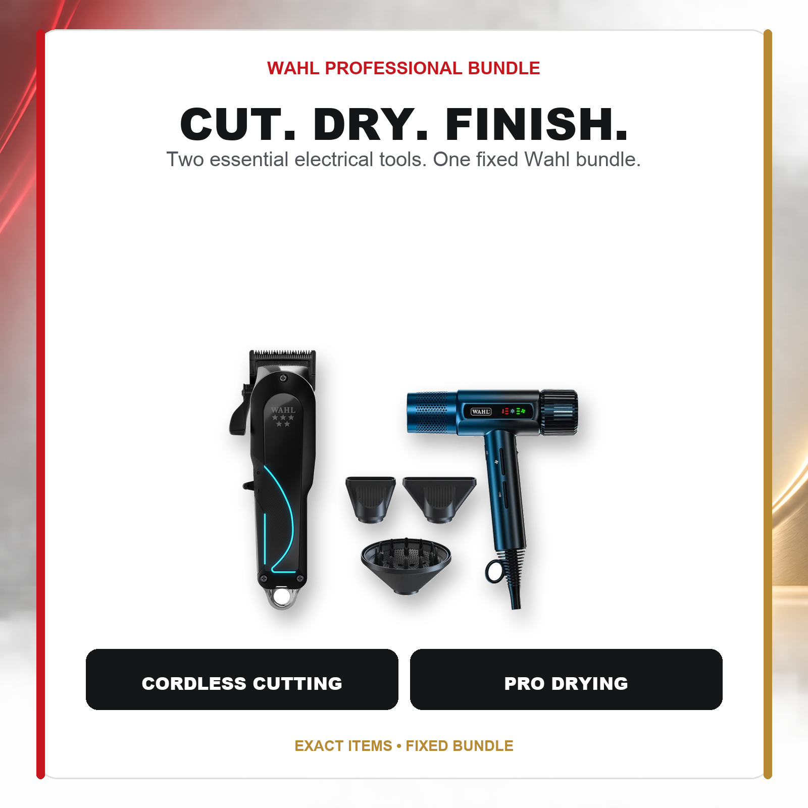 Wahl Senior 2.0 + Vanquish Midnight Blue Dryer Duo feature overview showing Wahl Senior 2.0 Cordless Clipper – Professional Barber Hair Clipper and Vanquish Midnight Blue Dryer