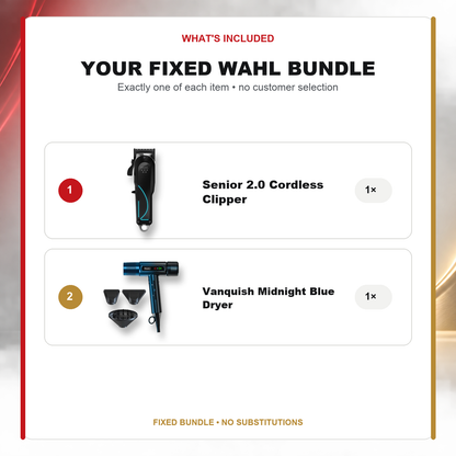 Wahl Senior 2.0 + Vanquish Midnight Blue Dryer Duo what’s included: one Wahl Senior 2.0 Cordless Clipper – Professional Barber Hair Clipper, one Vanquish Midnight Blue Dryer
