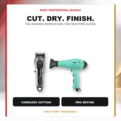 Wahl Super Taper Pro + Supadryer Green Duo feature overview showing Wahl Super Taper Pro Cordless Clipper and Wahl Supadryer Ionic Hairdryer — Green