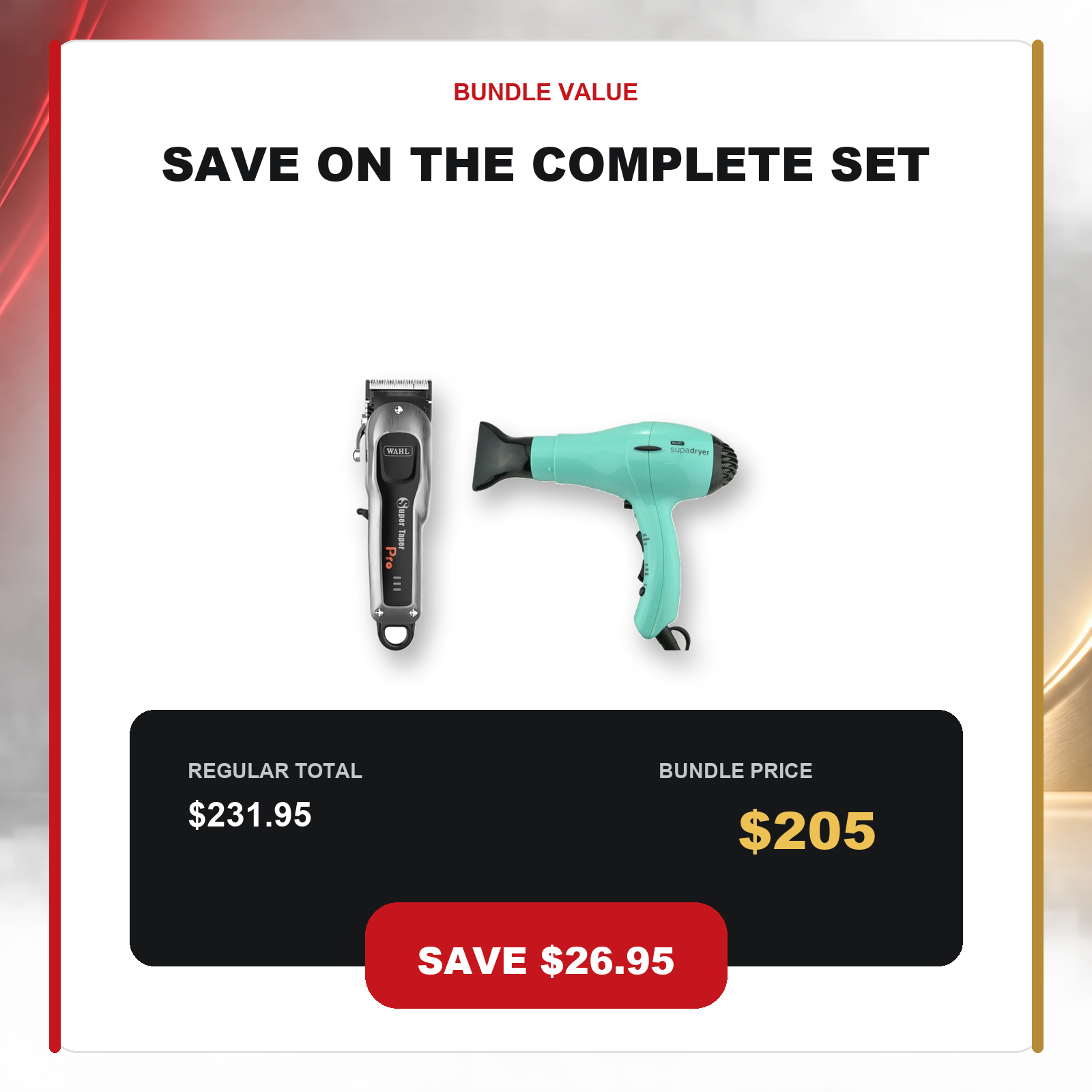 Wahl Super Taper Pro + Supadryer Green Duo value graphic showing $26.95 AUD savings