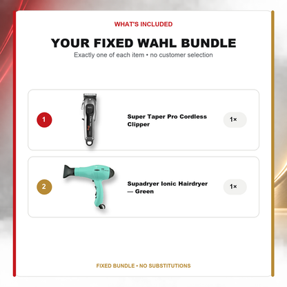 Wahl Super Taper Pro + Supadryer Green Duo what’s included: one Wahl Super Taper Pro Cordless Clipper, one Wahl Supadryer Ionic Hairdryer — Green