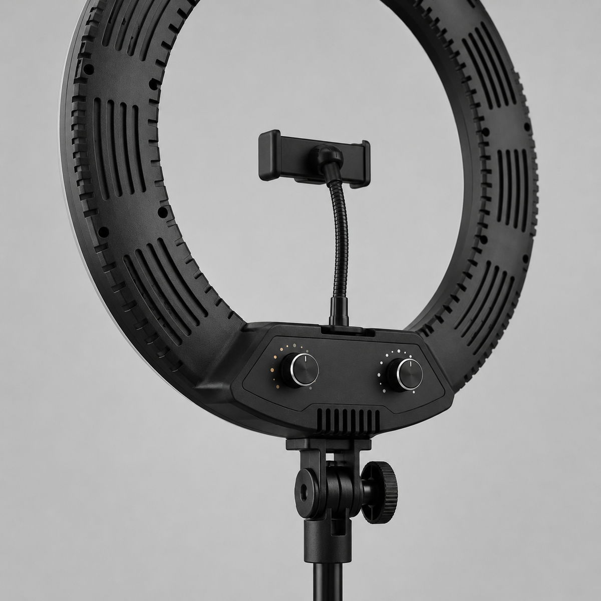 Rear controls and phone mount detail of professional LED ring light