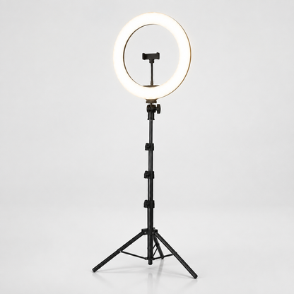 18-inch LED ring light and adjustable tripod angled studio view