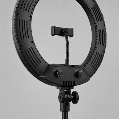 Rear controls and phone mount detail of professional LED ring light