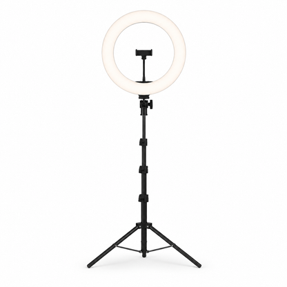18-inch professional LED ring light with tripod stand on white background