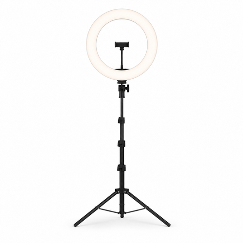18-inch professional LED ring light with tripod stand on white background